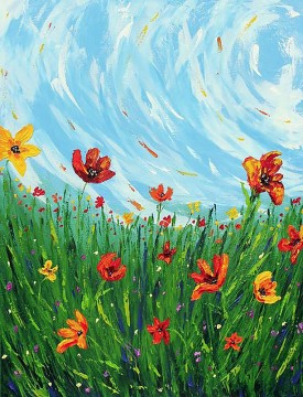 Wildflower sky meadow flowers wall decor textured Oil Paintings